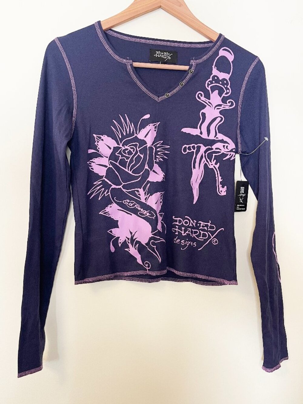 Ed Hardy Purple Rose Dagger Ribbed Long Sleeve Henley Crop Top Large Y2K